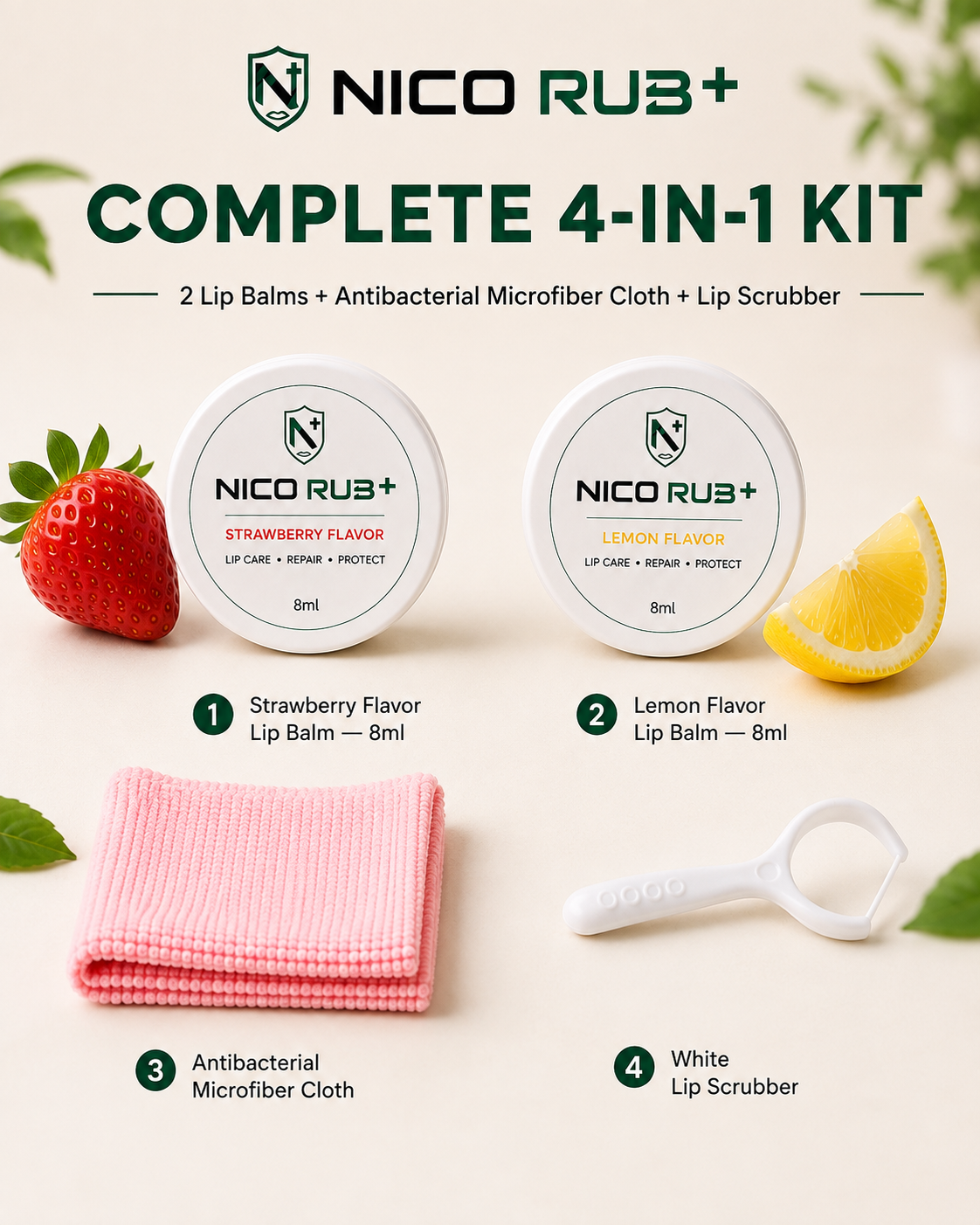 What's inside the NICO RUB+ Complete 4-in-1 Kit: 2 lip balms, 1 antibacterial microfiber cloth, 1 lip scrubber