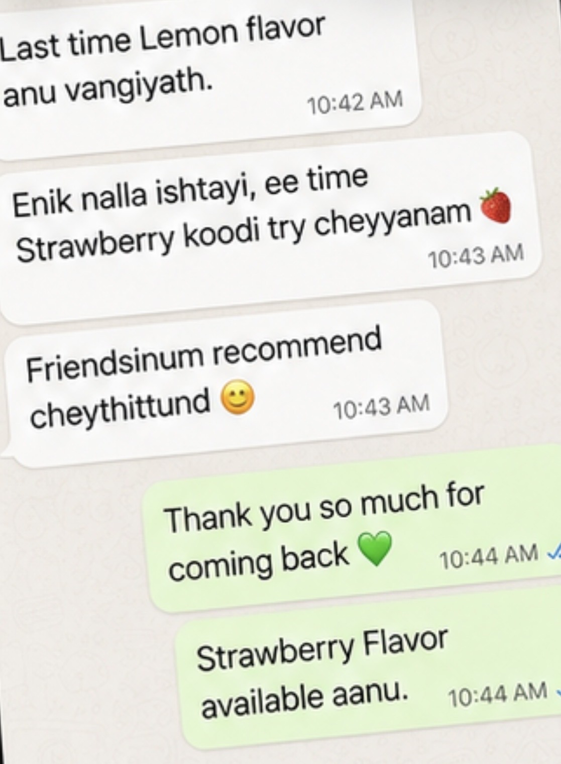WhatsApp review: returning customer reordering the Strawberry flavour after the Lemon one