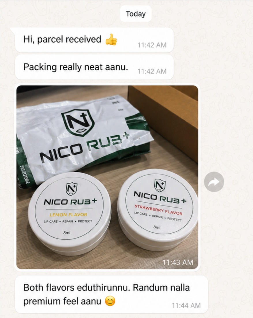 WhatsApp review: customer shares a photo of the delivered NICO RUB+ parcel with both flavours