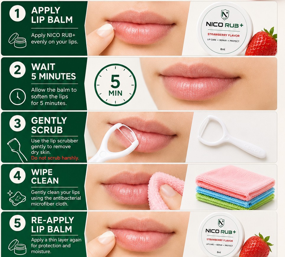NICO RUB+ step by step lip care routine